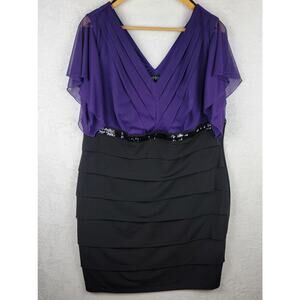 Enfocus 18W Dress Purple Black V Neck Short Flutter Sleeve Pleated Party Holiday